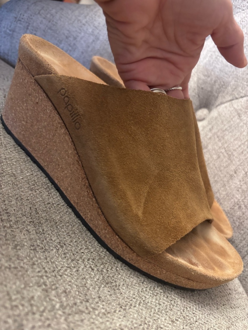 Papillio Suede Cork Wedge Slide in Tan Suede